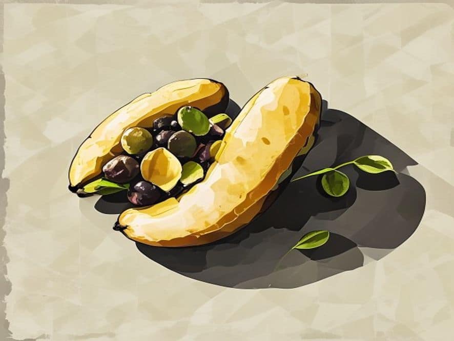 Flat geometric editorial illustration of a food as a clean geometric icon. Crosshatch and stipple textures. Ochre, ink and gold editorial palette.