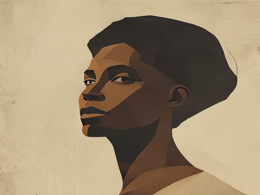 Flat geometric editorial portrait. Simplified face as an architectural form with sharp shadow shapes. Geometric clothing in flat colour masses. Ochre, ink and gold editorial palette.