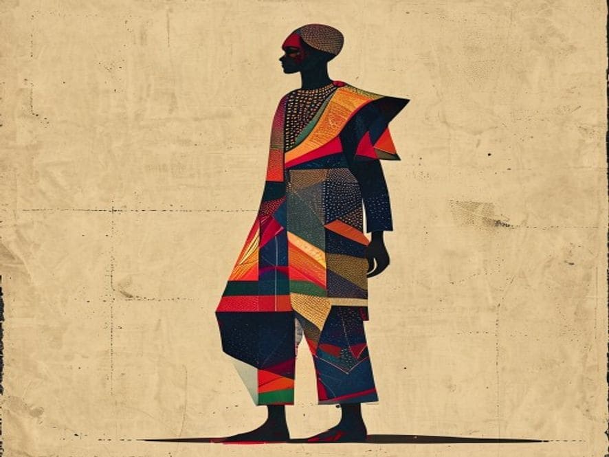 Flat geometric editorial illustration of a fashion as a clean geometric icon. Crosshatch and stipple textures. Ochre, ink and gold editorial palette.