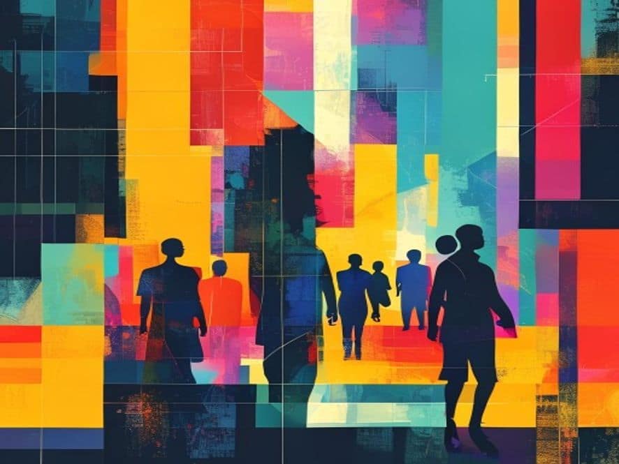 Wide abstract geometric editorial scene with minimal silhouette figures. Large colour blocks and sharp diagonal shapes in ochre, ink and gold palette.
