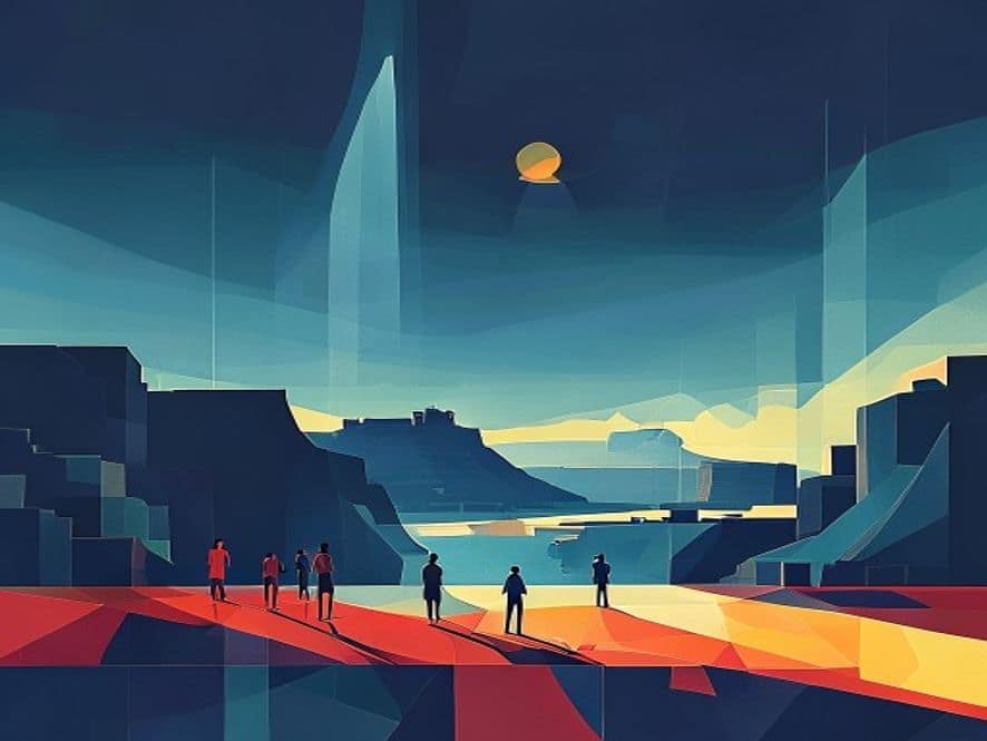 Wide abstract geometric editorial scene with minimal silhouette figures. Large colour blocks and sharp diagonal shapes in ochre, ink and gold palette.