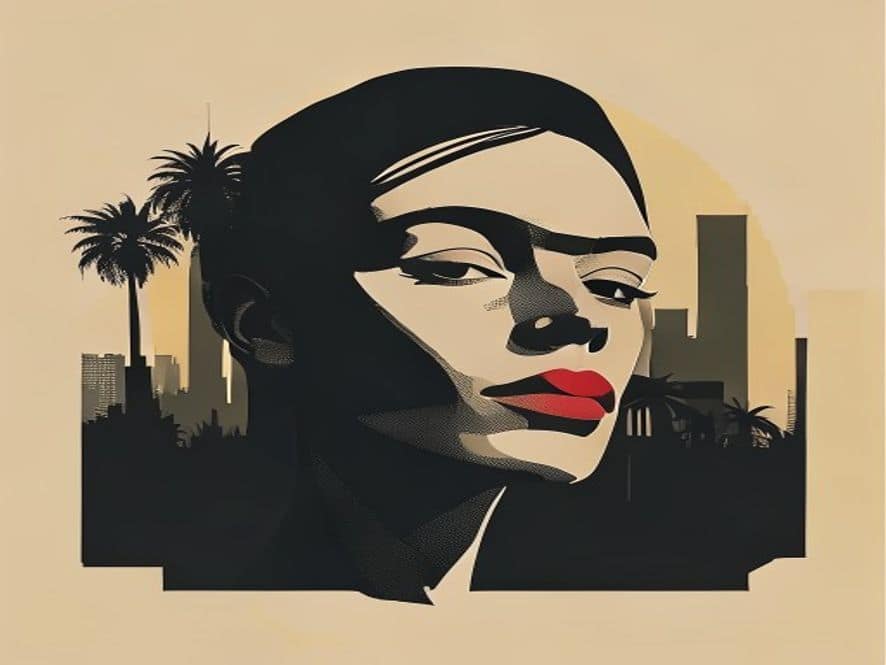 Flat geometric editorial portrait. Simplified face as an architectural form with sharp shadow shapes. Geometric clothing in flat colour masses. Ochre, ink and gold editorial palette.