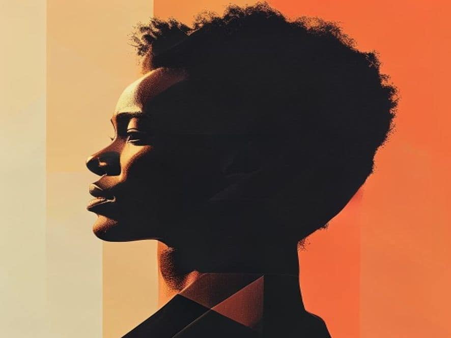 Flat geometric editorial portrait. Simplified face as an architectural form with sharp shadow shapes. Geometric clothing in flat colour masses. Ochre, ink and gold editorial palette.
