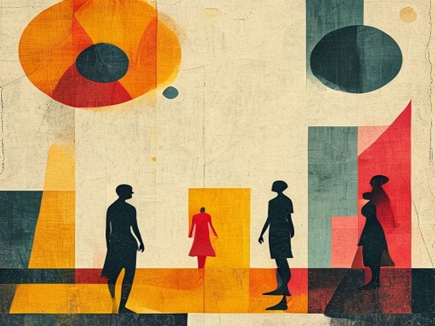 Wide abstract geometric editorial scene with minimal silhouette figures. Large colour blocks and sharp diagonal shapes in ochre, ink and gold palette.
