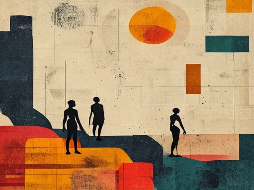 Wide abstract geometric editorial scene with minimal silhouette figures. Large colour blocks and sharp diagonal shapes in ochre, ink and gold palette.