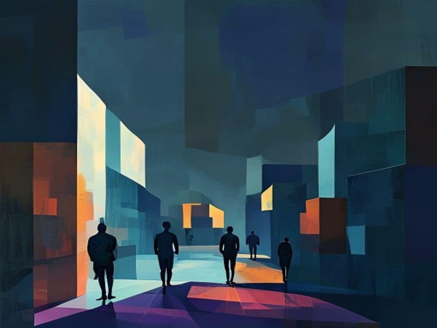 Wide abstract geometric editorial scene with minimal silhouette figures. Large colour blocks and sharp diagonal shapes in ochre, ink and gold palette.