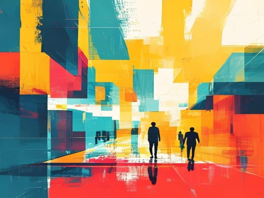 Wide abstract geometric editorial scene with minimal silhouette figures. Large colour blocks and sharp diagonal shapes in ochre, ink and gold palette.