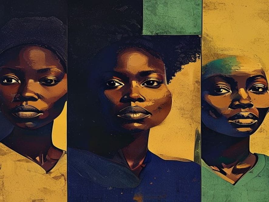 Wide abstract geometric editorial scene with minimal silhouette figures. Large colour blocks and sharp diagonal shapes in ochre, ink and gold palette.