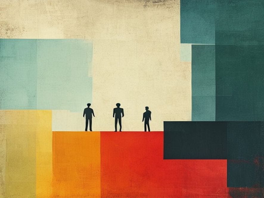 Wide abstract geometric editorial scene with minimal silhouette figures. Large colour blocks and sharp diagonal shapes in ochre, ink and gold palette.