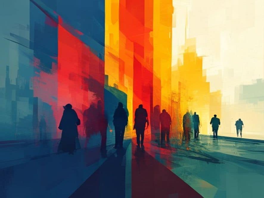 Wide abstract geometric editorial scene with minimal silhouette figures. Large colour blocks and sharp diagonal shapes in ochre, ink and gold palette.
