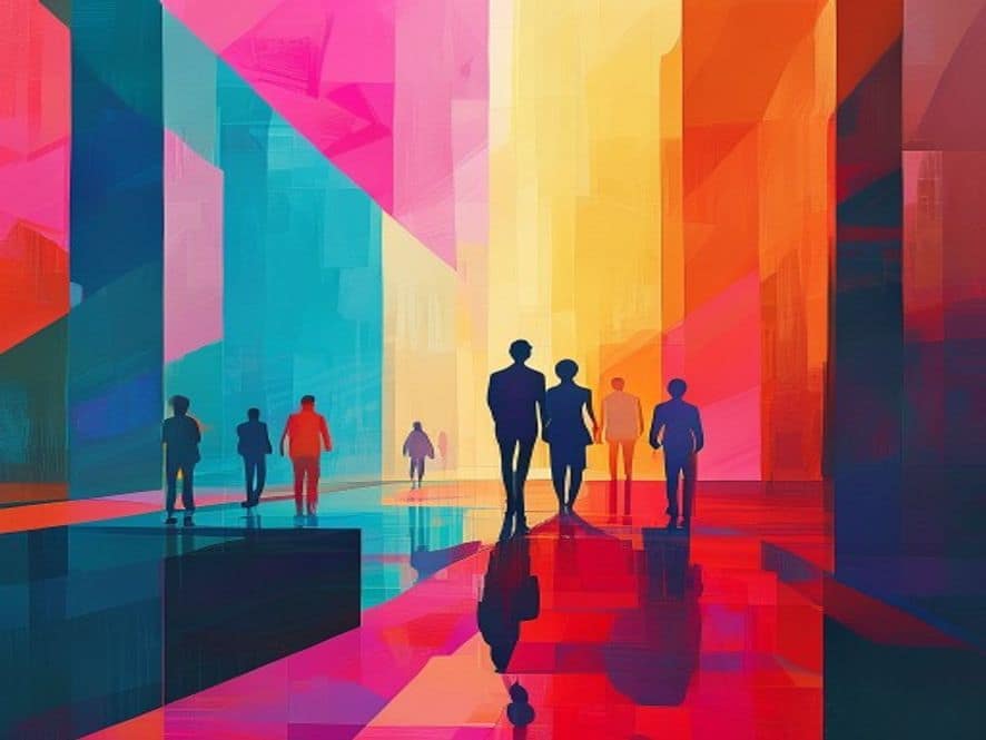 Wide abstract geometric editorial scene with minimal silhouette figures. Large colour blocks and sharp diagonal shapes in ochre, ink and gold palette.