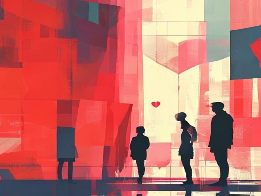 Wide abstract geometric editorial scene with minimal silhouette figures. Large colour blocks and sharp diagonal shapes in ochre, ink and gold palette.