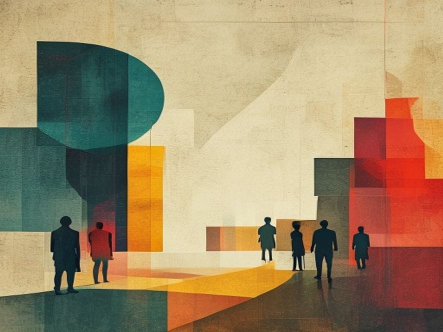 Wide abstract geometric editorial scene with minimal silhouette figures. Large colour blocks and sharp diagonal shapes in ochre, ink and gold palette.
