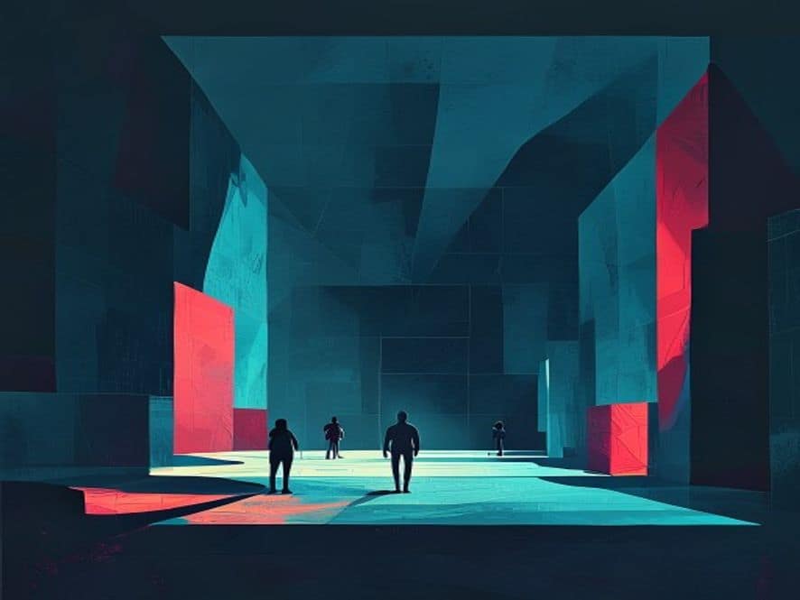 Wide abstract geometric editorial scene with minimal silhouette figures. Large colour blocks and sharp diagonal shapes in ochre, ink and gold palette.