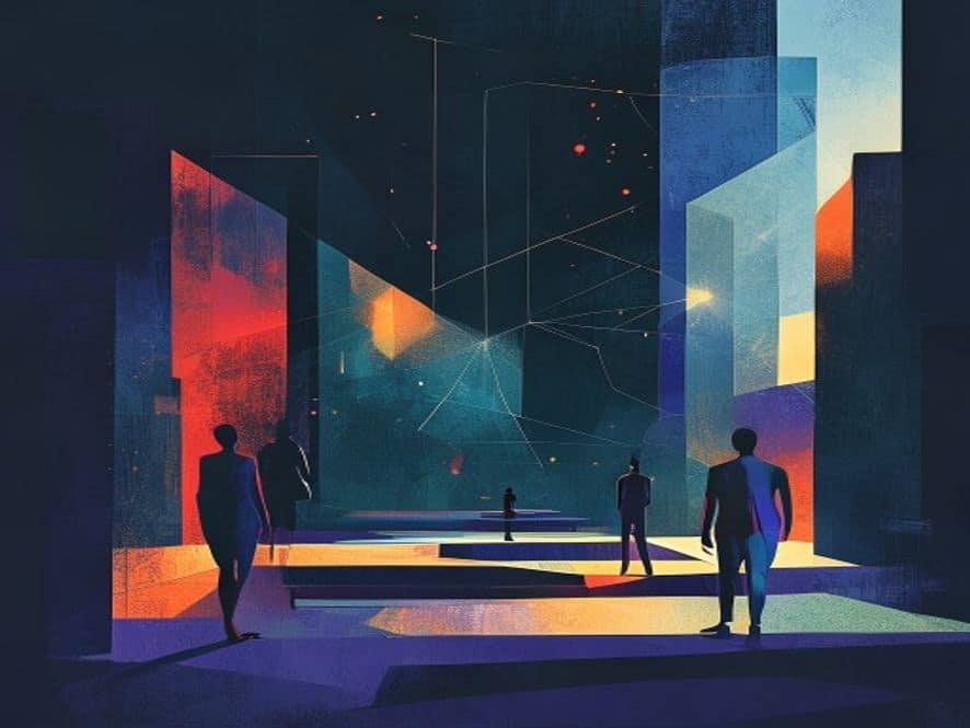Wide abstract geometric editorial scene with minimal silhouette figures. Large colour blocks and sharp diagonal shapes in ochre, ink and gold palette.