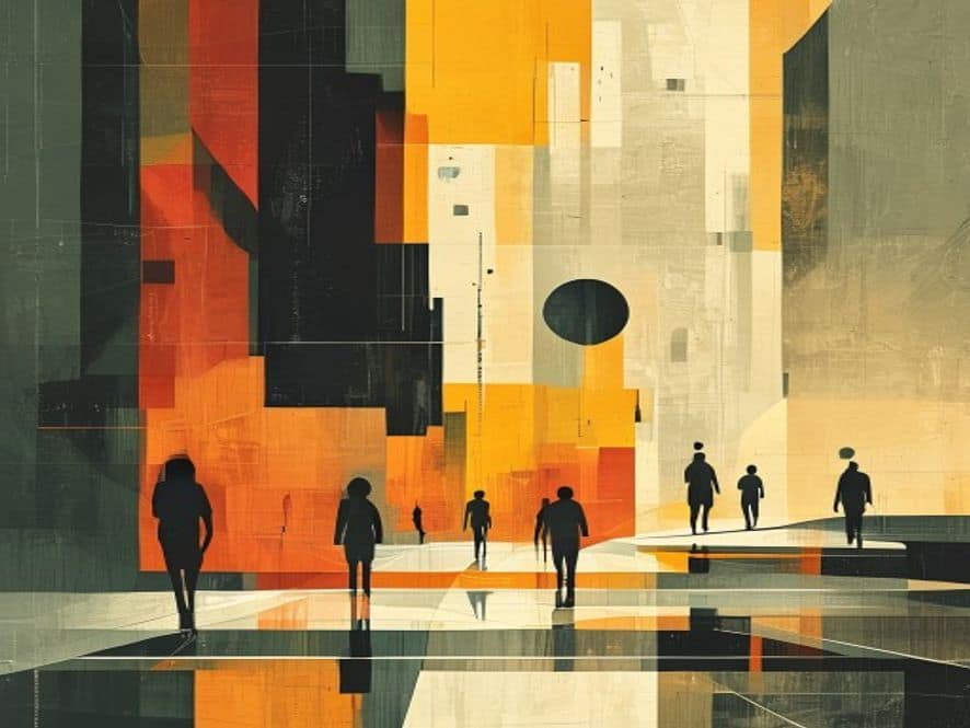 Wide abstract geometric editorial scene with minimal silhouette figures. Large colour blocks and sharp diagonal shapes in ochre, ink and gold palette.