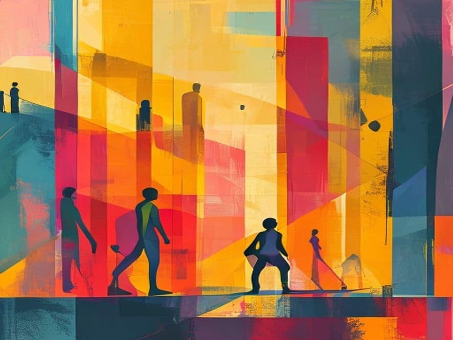 Wide abstract geometric editorial scene with minimal silhouette figures. Large colour blocks and sharp diagonal shapes in ochre, ink and gold palette.