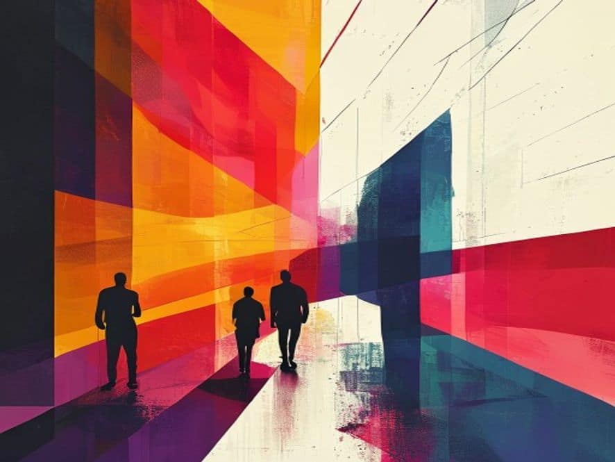 Wide abstract geometric editorial scene with minimal silhouette figures. Large colour blocks and sharp diagonal shapes in ochre, ink and gold palette.