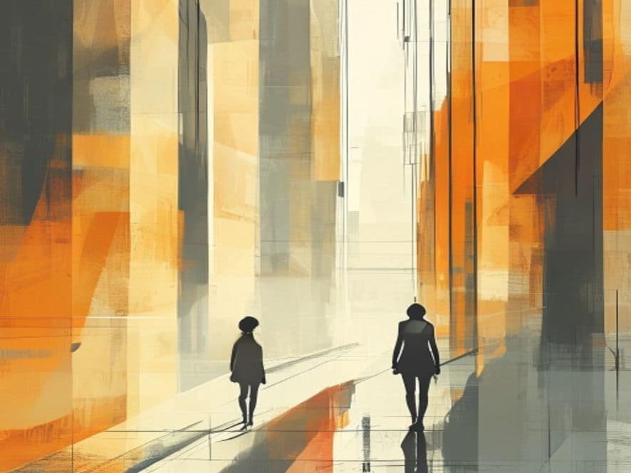 Wide abstract geometric editorial scene with minimal silhouette figures. Large colour blocks and sharp diagonal shapes in ochre, ink and gold palette.