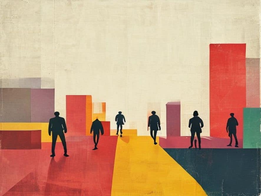 Wide abstract geometric editorial scene with minimal silhouette figures. Large colour blocks and sharp diagonal shapes in ochre, ink and gold palette.