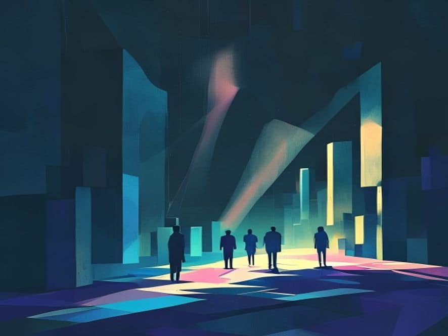Wide abstract geometric editorial scene with minimal silhouette figures. Large colour blocks and sharp diagonal shapes in ochre, ink and gold palette.