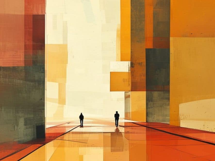Wide abstract geometric editorial scene with minimal silhouette figures. Large colour blocks and sharp diagonal shapes in ochre, ink and gold palette.