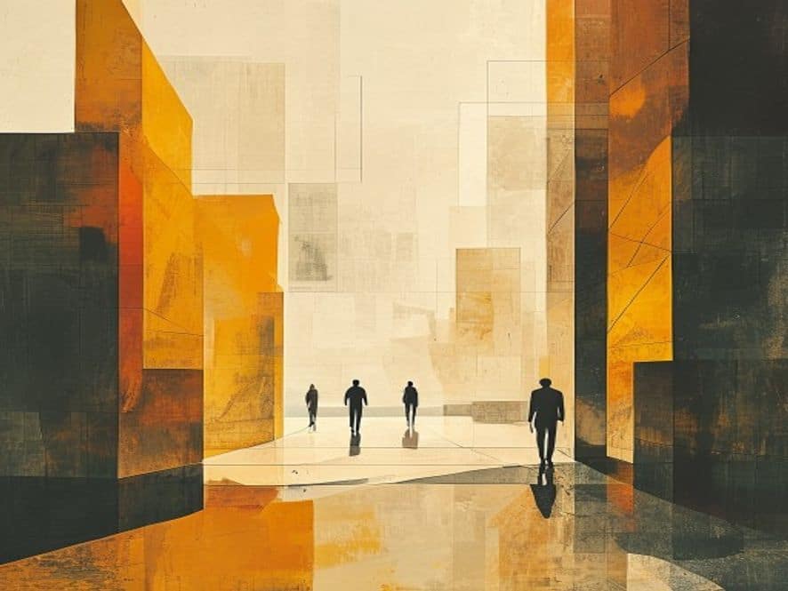 Wide abstract geometric editorial scene with minimal silhouette figures. Large colour blocks and sharp diagonal shapes in ochre, ink and gold palette.