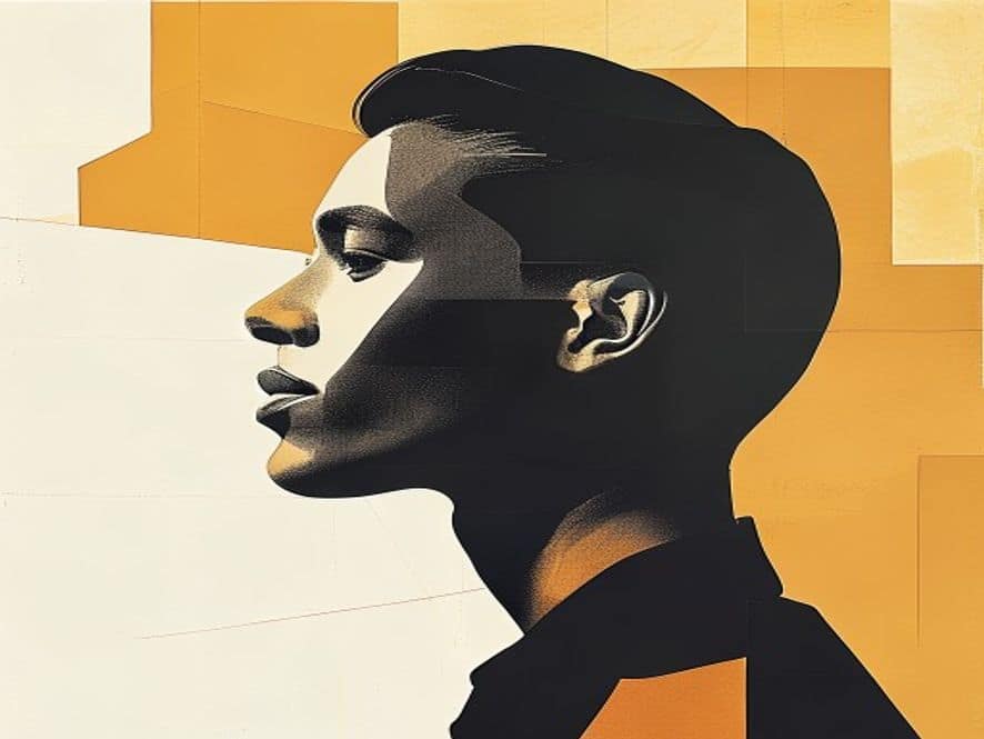 Flat geometric editorial portrait. Simplified face as an architectural form with sharp shadow shapes. Geometric clothing in flat colour masses. Ochre, ink and gold editorial palette.