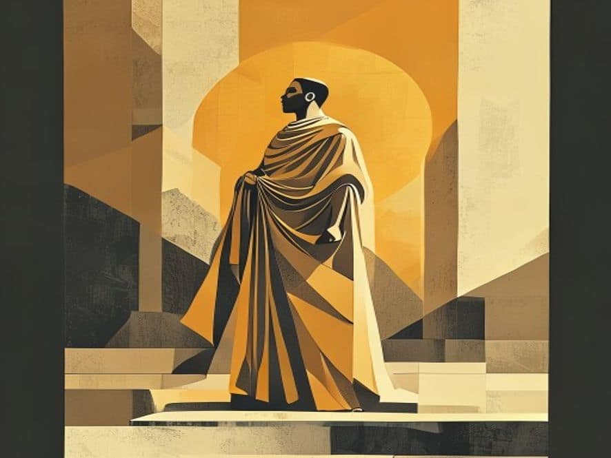 Flat geometric editorial illustration of a book as a clean geometric icon. Crosshatch and stipple textures. Ochre, ink and gold editorial palette.