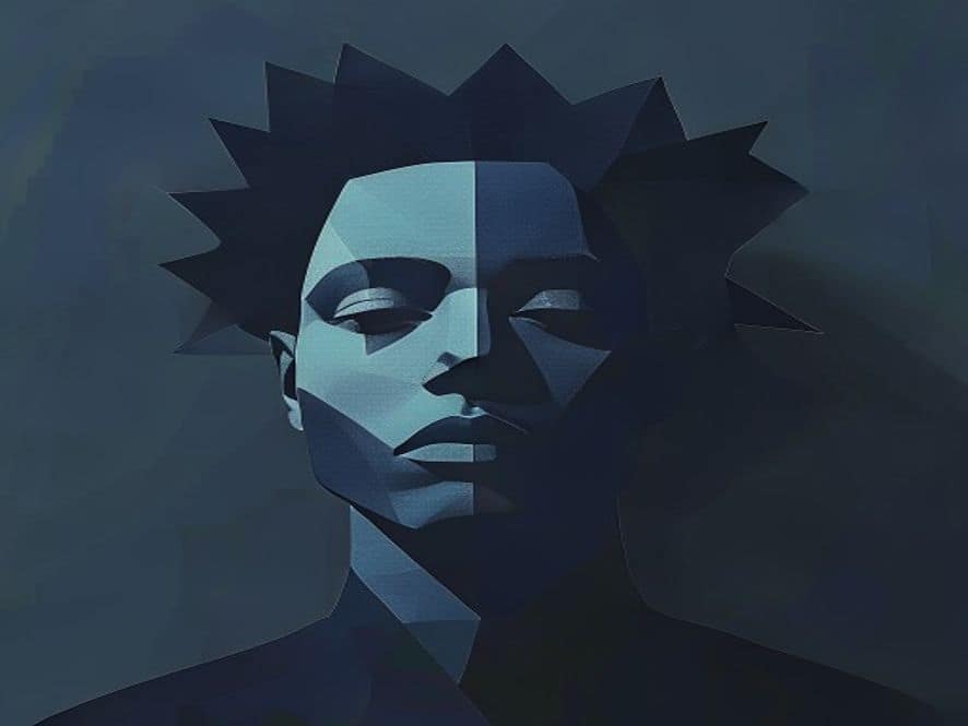 Flat geometric editorial portrait. Simplified face as an architectural form with sharp shadow shapes. Geometric clothing in flat colour masses. Ochre, ink and gold editorial palette.